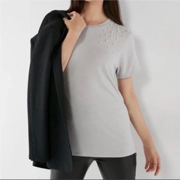 Express Gray Pearl Embellished T-Shirt - Picture 2 of 7